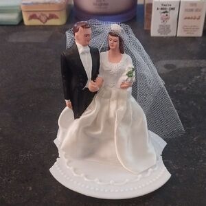 Vintage 1950's  Wedding Cake Topper Bride & Groom Figurine in White and Black